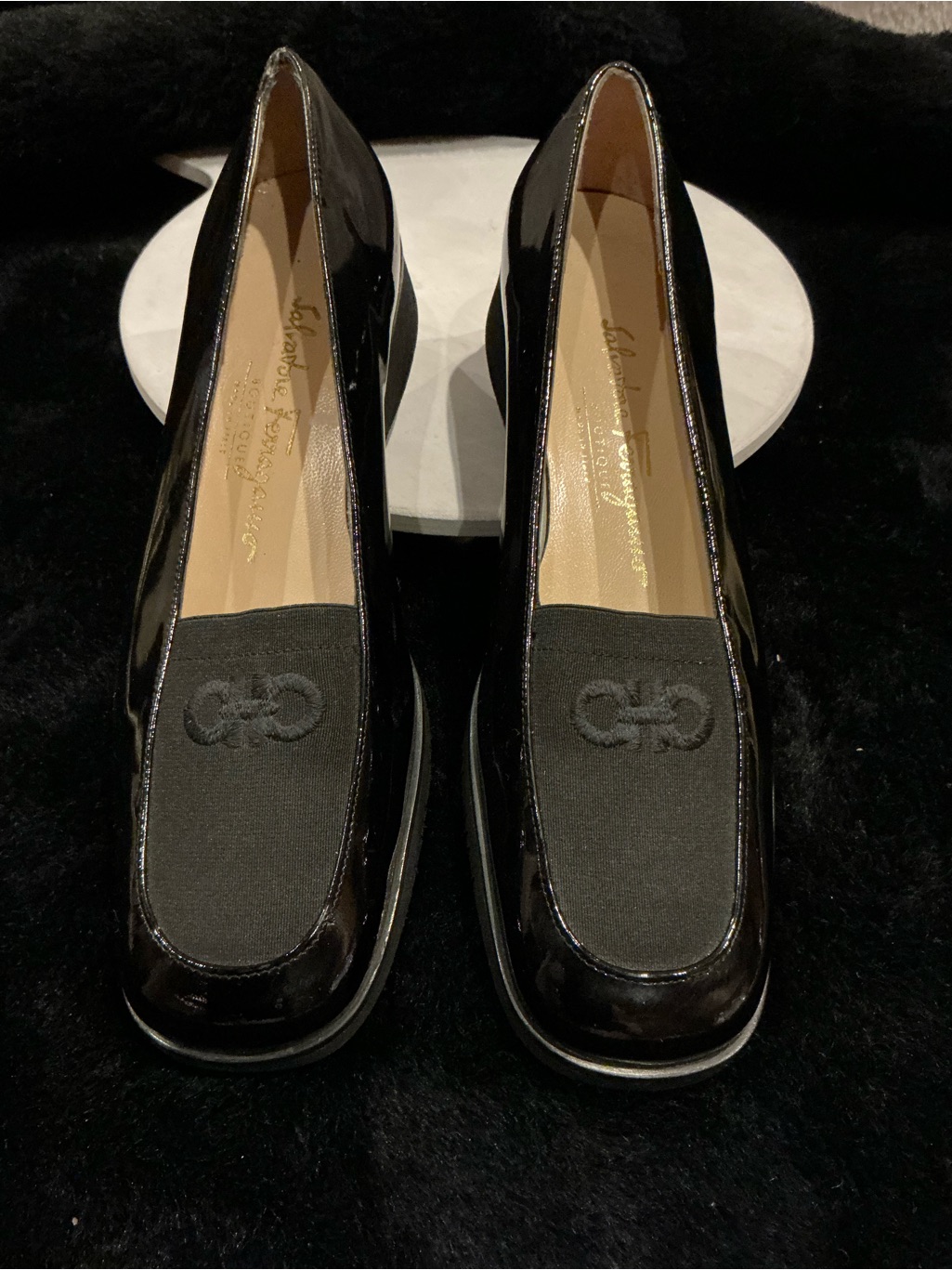 Salvatore Ferragamo Seila Gancini Black Patent Leather Wedge Loafers Size 7.5